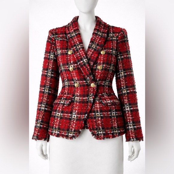 Jackets & Blazers - Red Tweed Plaid Blazer - Size M